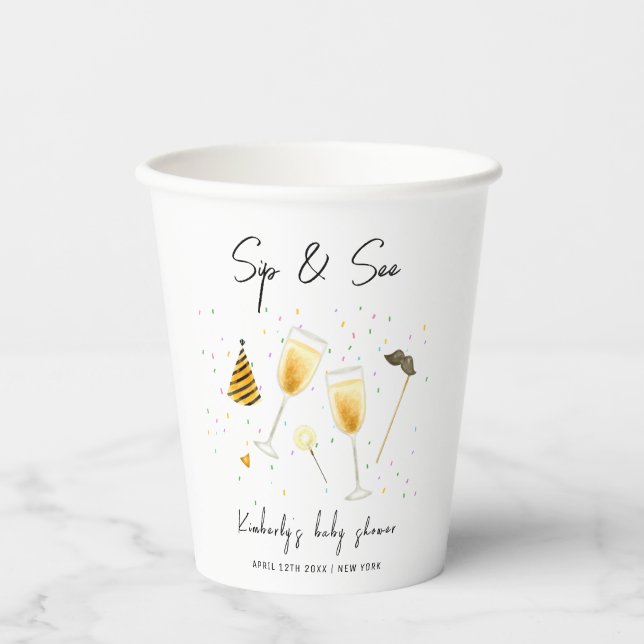 Sprinkle Sip and See Champagne Glass Baby Shower Paper Cups (Front)