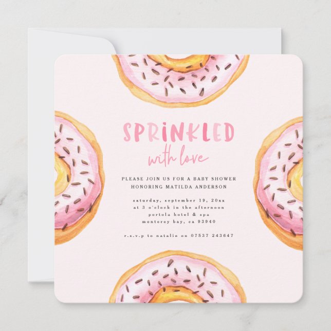 Sprinkled with love doughnut baby shower announcement (Front)