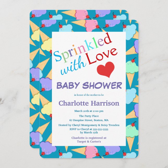 Sprinkled with Love Ice Cream Cones Baby Shower Invitation (Front/Back)