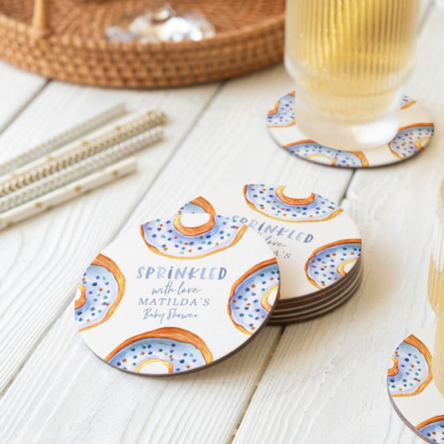 Sprinkled with love pink doughnut baby shower round paper coaster (Creator Uploaded)