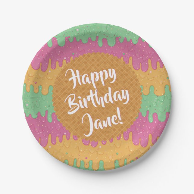 Sprinkles and Rainbow Sherbet Ice Cream Birthday Paper Plate (Front)