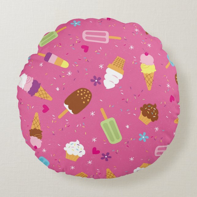 Sprinkles, cupcakes, ice cream, and popsicles scat round cushion (Front)