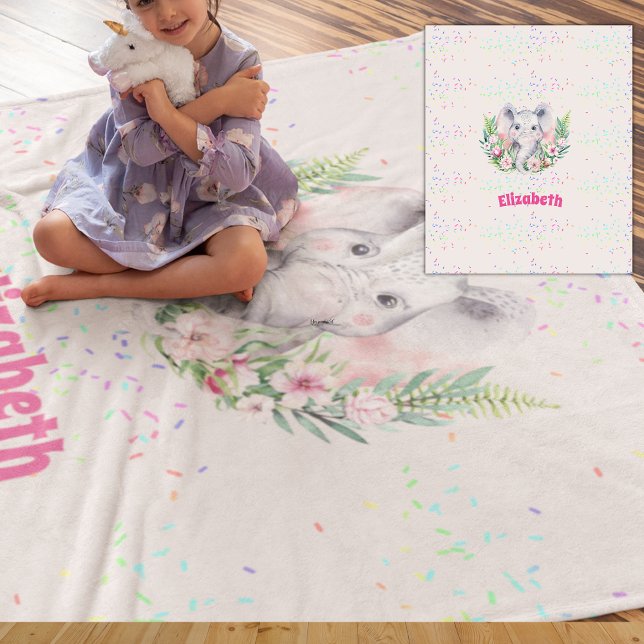 Sprinkles Elephant Girls Boho Floral Decor Named Fleece Blanket (Creator Uploaded)