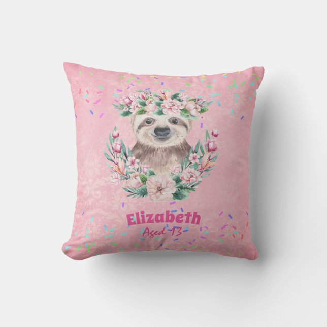 Sprinkles SLOTH Boho Girls Pink Flowers Gifts Cute Cushion (Front)