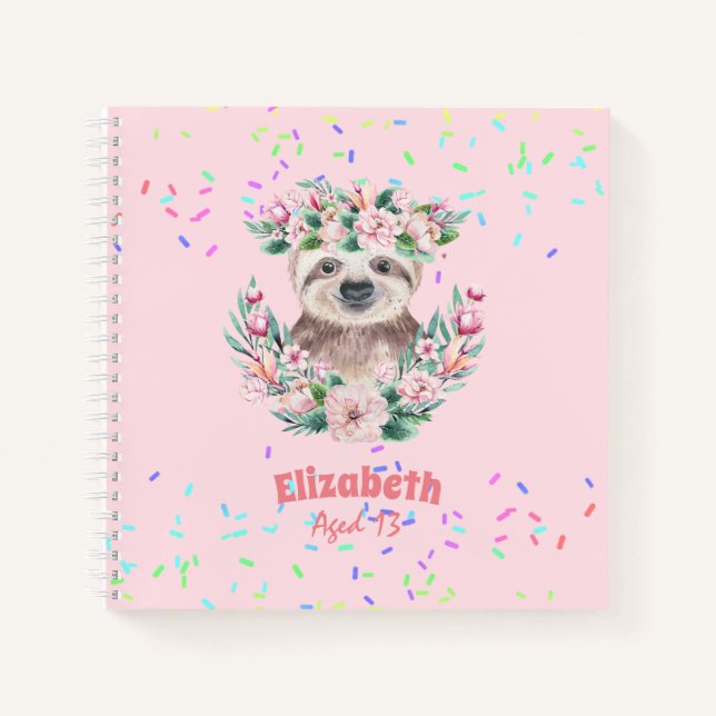 Sprinkles SLOTH Boho Girls Pink Flowers Gifts Cute Notebook (Front)