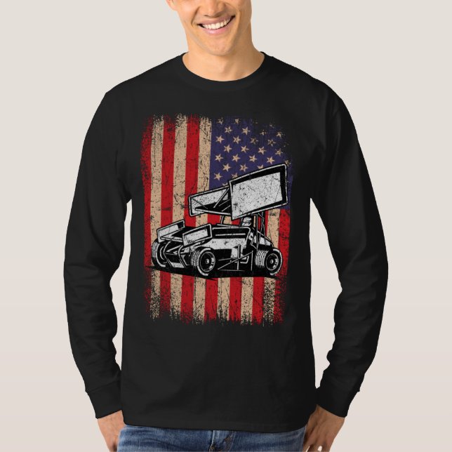 Sprint Car Dirt Track Racing USA Flag Veterans Day T-Shirt (Front)