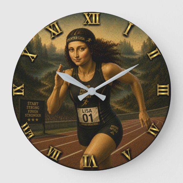 Sprinter Funny Mona Lisa Track & Field Athletes Large Clock (Front)