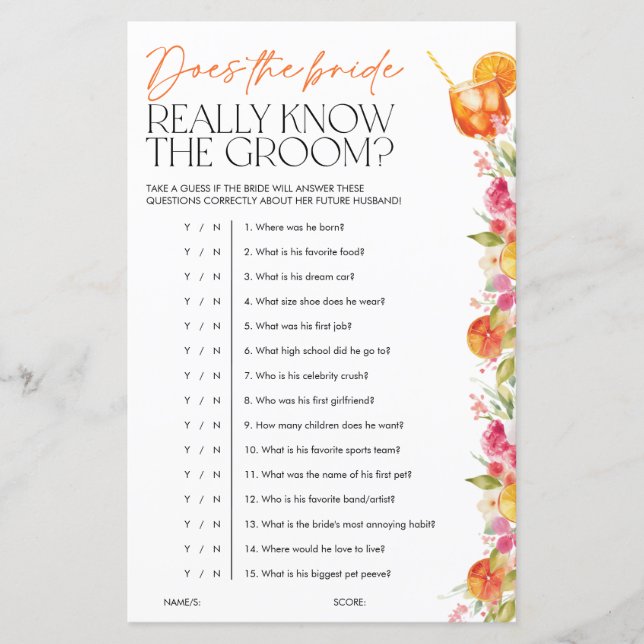 Spritz Citrus Bridal Shower Games Bride Know Groom (Front)