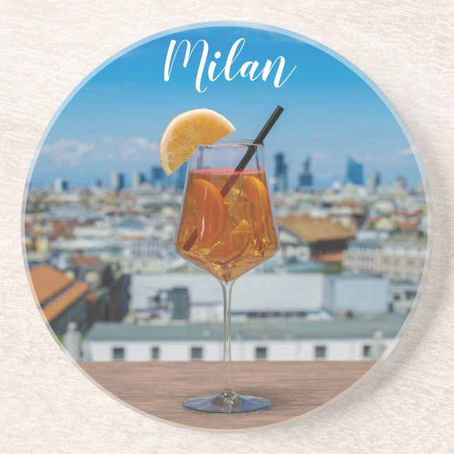 Spritz cocktail on a table with view of Milan Coaster (Front)