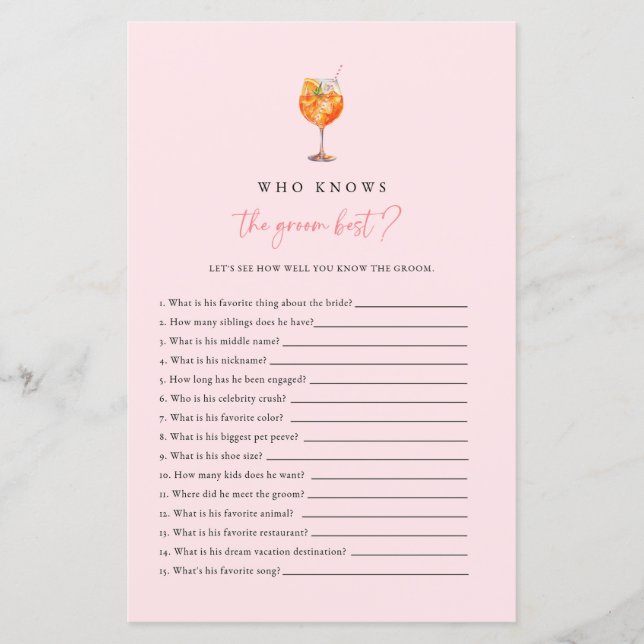 Spritz Who Knows The Groom Best Bridal Shower Game (Front)