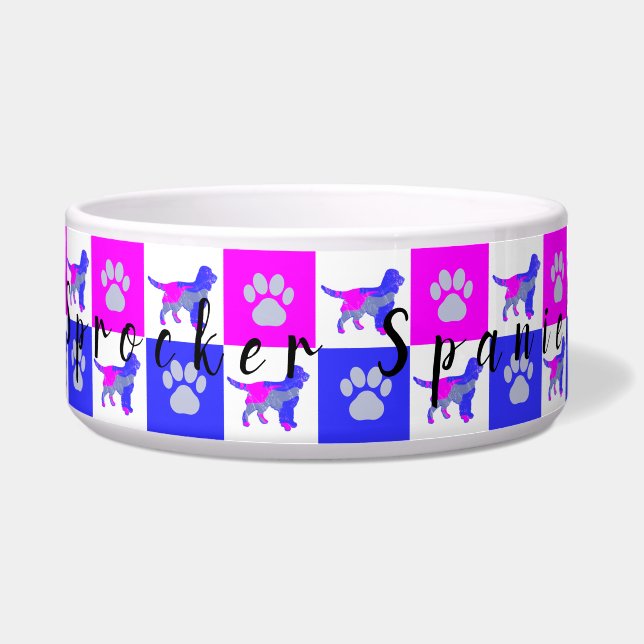 Sprocker Spaniel Dog & Paw Hot Pink &Blue Pet Bowl (Front)