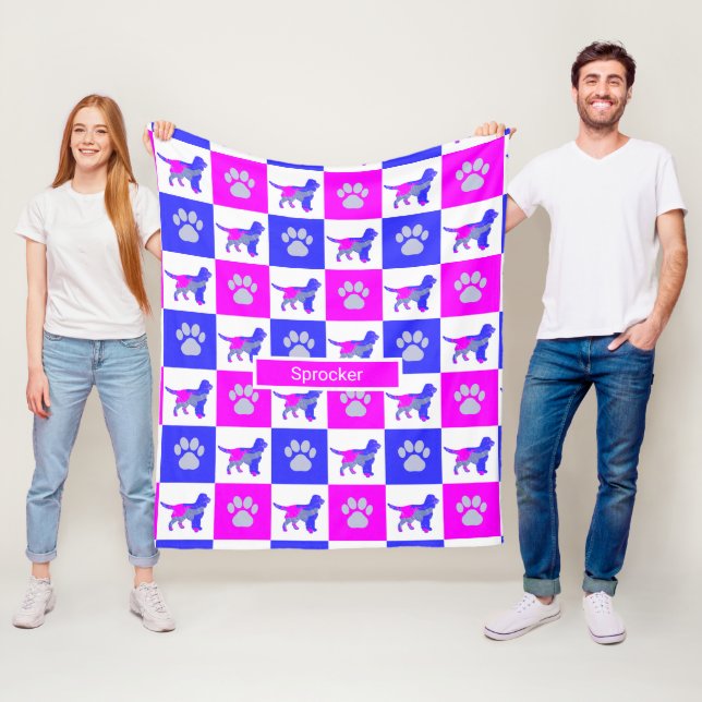 Sprocker Spaniel Dog & Paw Print Hot Pink and Blue Fleece Blanket (In Situ)