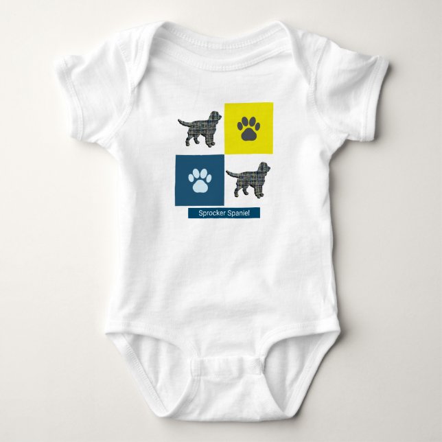 Sprocker Spaniel Dog & Paw Y&B Grid Square Baby Bodysuit (Front)