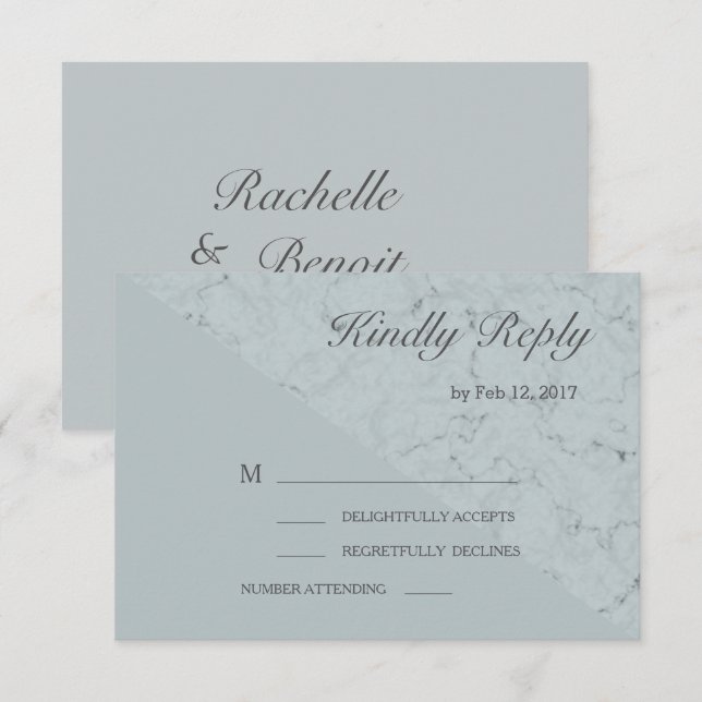 Spruce blue grey marble effect modern wedding rsvp invitation (Front/Back)