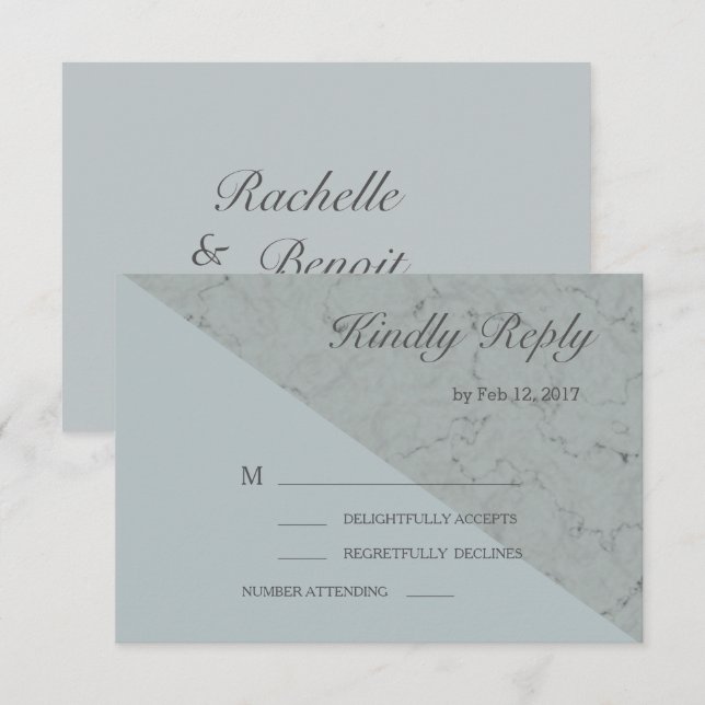 Spruce blue grey marble effect modern wedding rsvp invitation (Front/Back)