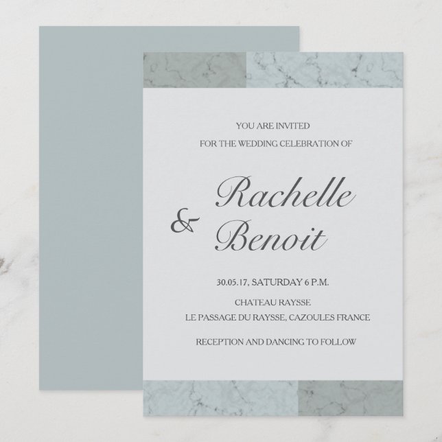 Spruce blue grey marble elegant modern wedding invitation (Front/Back)
