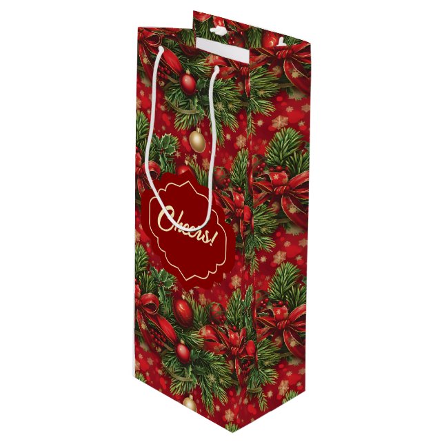 Spruce Boughs and  Christmas Balls Red Green Wine Gift Bag (Front Angled)