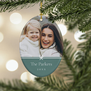 Spruce Green Simple Minimal Bow Photo Ceramic Tree Decoration