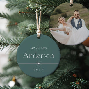 Spruce Green Simple Minimal Bow Wedding Photo Ceramic Tree Decoration