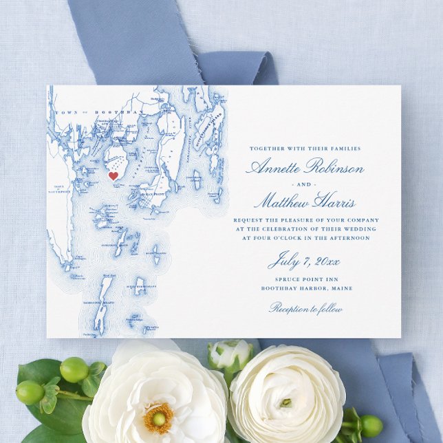 Spruce Point Inn Boothbay Maine Navy Map Wedding Invitation (Spruce Point Inn Wedding Invitations with Elegant navy blue map of Boothbay Harbor Maine)