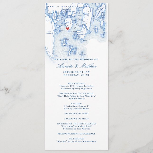 Spruce Point Inn Maine Elegant Navy Blue Wedding Programme (Front)