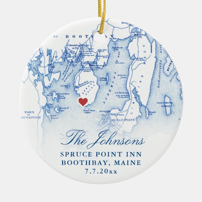 Spruce Point Inn Maine Newlywed First Christmas  Ceramic Tree Decoration (Front)