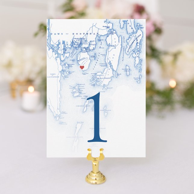 Spruce Point Maine 5x7 Wedding Table Number Cards (Spruce Point Inn Wedding Table Number Cards in elegant navy blue from Coastal Map Designs)