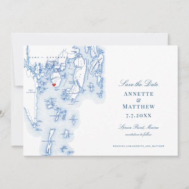 Spruce Point Maine Elegant Blue Map and Photo Save The Date (Front)