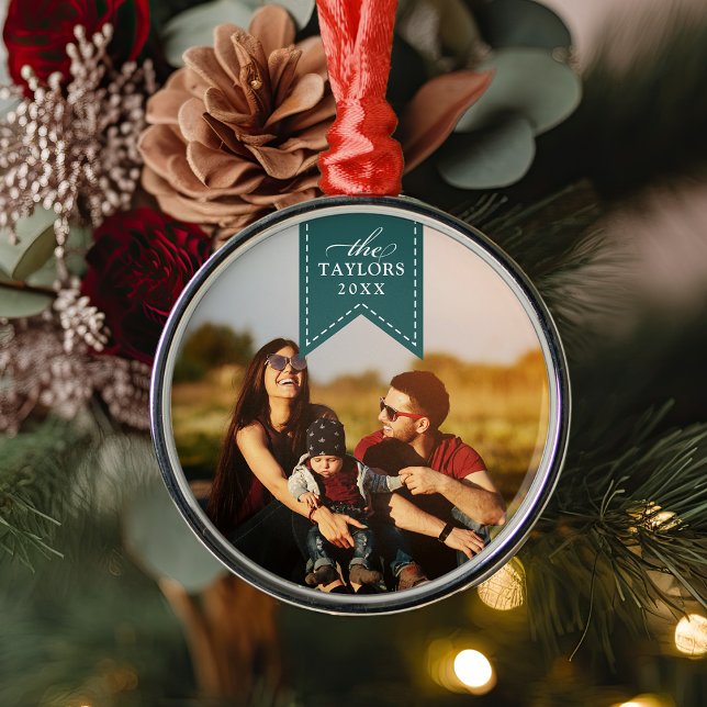 Spruce Ribbon | Personalised Name & Year Photo Metal Tree Decoration (Creator Uploaded)