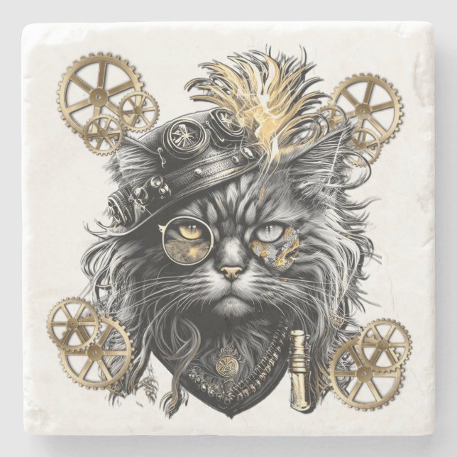 Spunky Paws The Funky Steampunk Cat  Stone Coaster (Front)