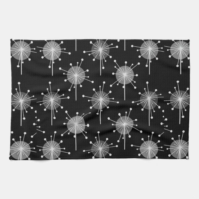 Sputnik Starburst Flowers Black Grey Tea Towel (Horizontal)