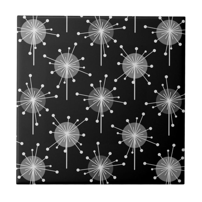 Sputnik Starburst Flowers Black Grey Tile (Front)