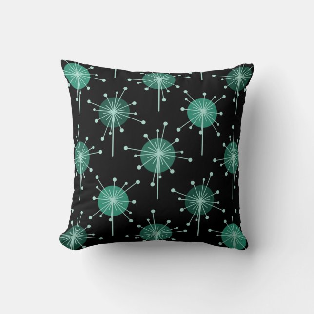 Sputnik Starburst Flowers Black Teal Cushion (Front)