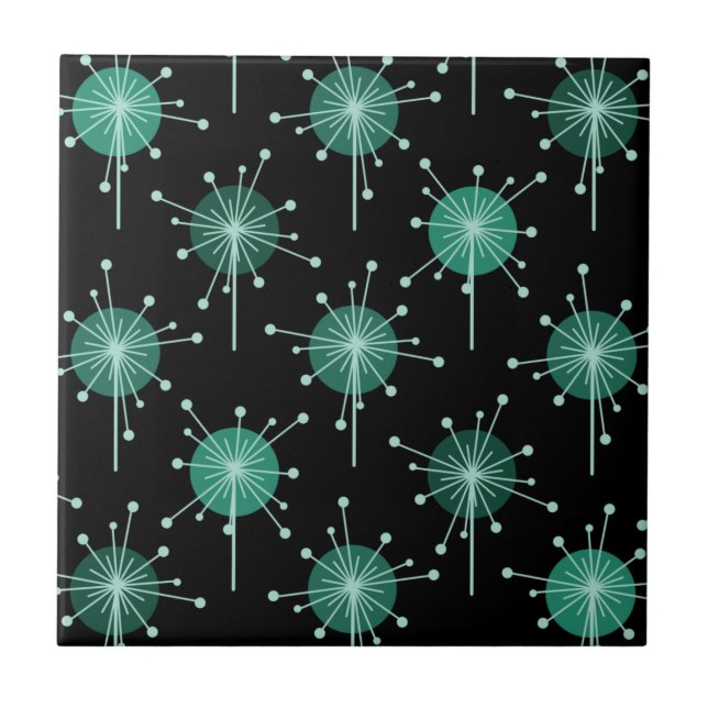 Sputnik Starburst Flowers Black Teal Tile (Front)