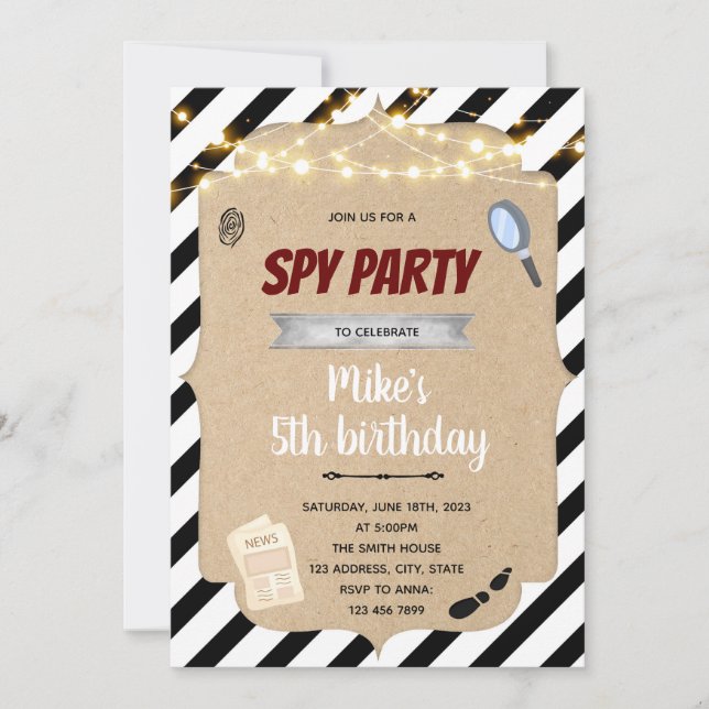 Spy detective birthday party invitation (Front)