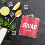 Squad Coral Pink & White Personalised Bridesmaid Hip Flask<br><div class="desc">Give your besties or bridesmaids these super cute flasks to identify them as part of your squad! Design features a summery coral pink background with "SQUAD" and a name or message of your choice in white collegiate style typeface. Background colour can be changed -- just click "Customise It" and select...</div>