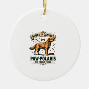 Squad of Canines Vintage Dog Pun Graphic with Gold Ceramic Tree Decoration