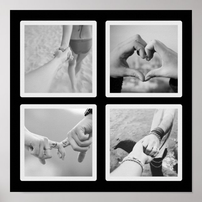 Square 4 Photo Collage Black and White Poster (Front)