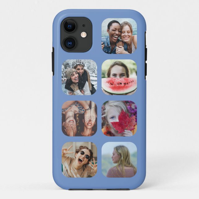 Square 7 Photo Collage Blue Template iPhone Case (Back)