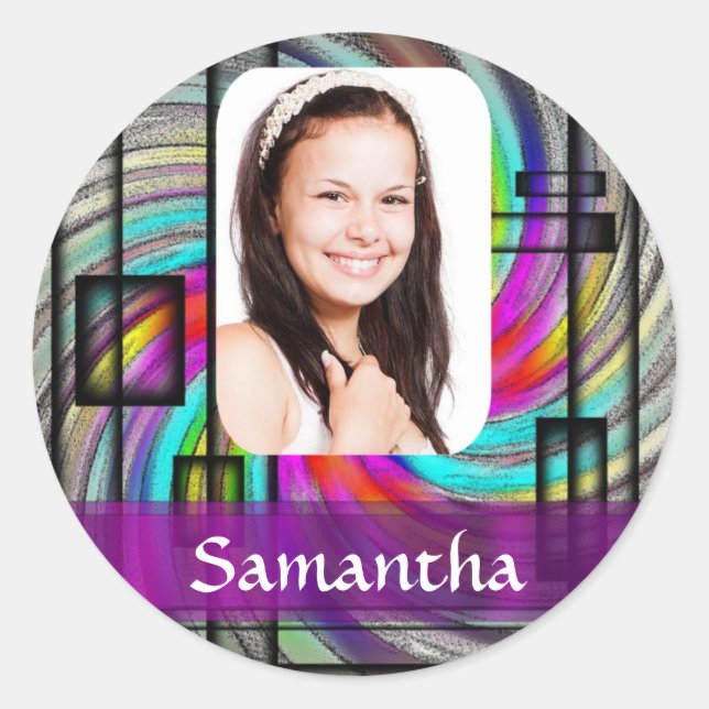 Square abstract photo template classic round sticker (Front)