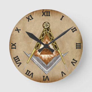 Square and Compass with All Seeing Eye Round Clock