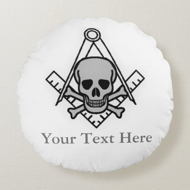 Square and Compass with Inset Skull Round Cushion (Front)