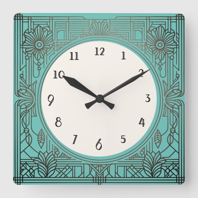 Square Art Deco Clock in Aqua Turquoise Teal (Front)