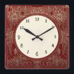 Square Art Deco Clock in Dark Red and Gold<br><div class="desc">art deco clock, art nouveau clock, gold cream, 1920s square, stylish sophisticated 1920 style, retro vintage antique, old fashioned fancy, faux golden line art, simple minimalist square clock, minimal elegant pattern design</div>