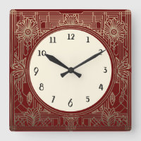 Square Art Deco Clock in Dark Red and Gold