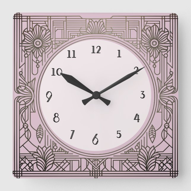 Square Art Deco Clock in Pink (Front)