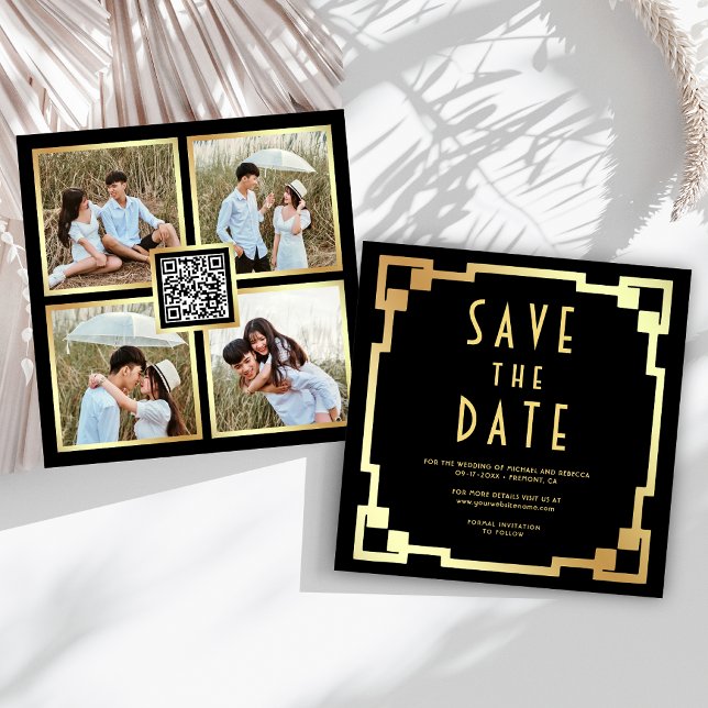 Square Art Deco Frame Black Gold QR Code Wedding Save The Date (Creator Uploaded)