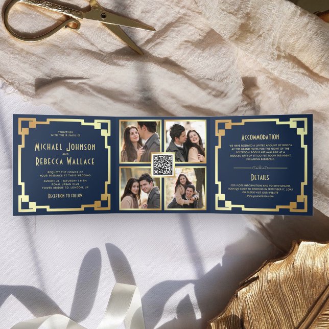 Square Art Deco Frame Navy Gold QR Code Wedding Tri-Fold Invitation (Creator Uploaded)
