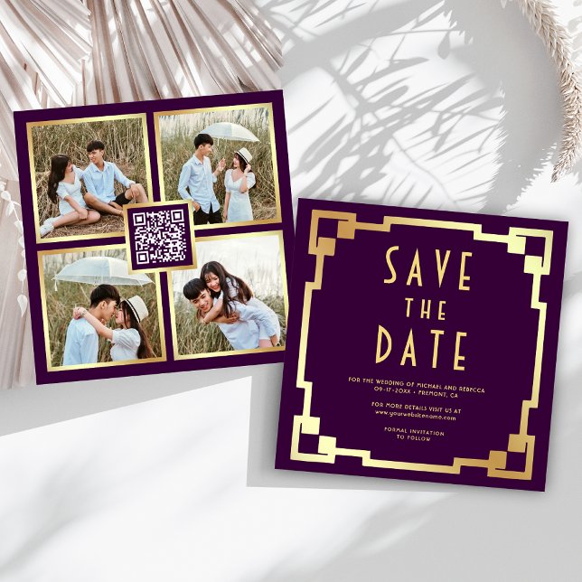 Square Art Deco Frame Purple Gold QR Code Wedding Save The Date (Creator Uploaded)