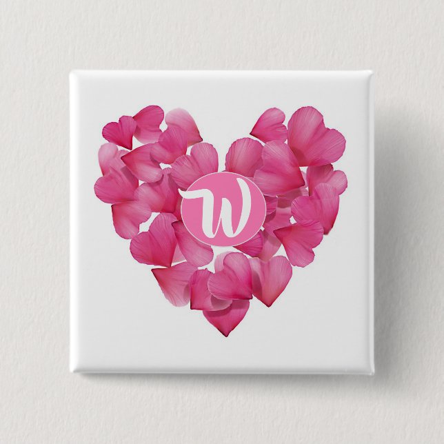 Square Badge with monogram rose petals heart. (Front)